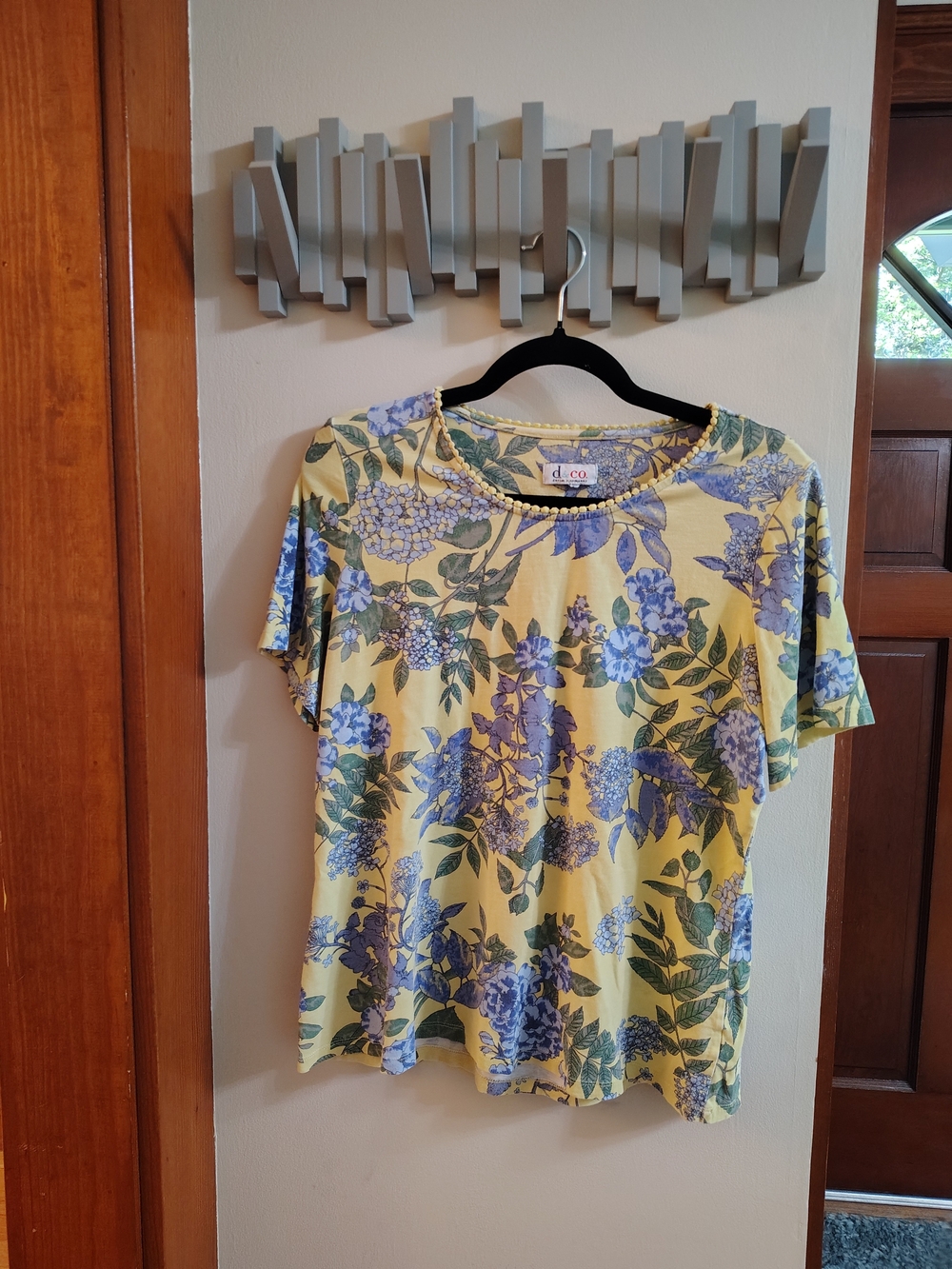 Denim&Co Yellow Floral Short Sleeve Tee with Blue Botanical Print